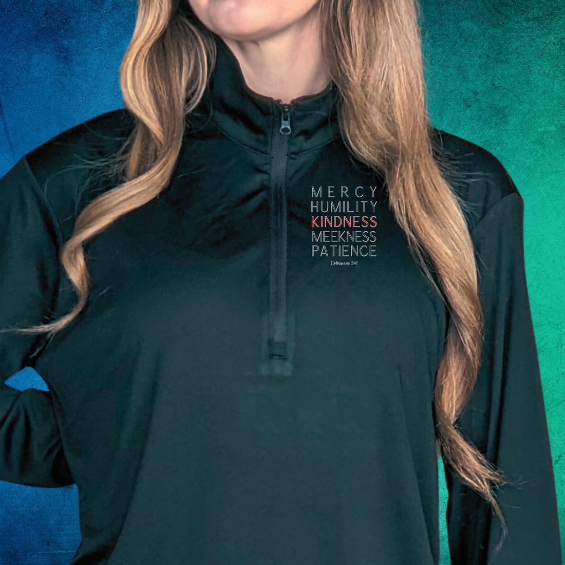Colossians 3:12, Ladies Quarter-Zip Pullover, Christian Sweatshirt for women black mockup