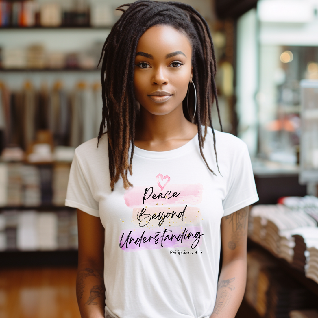 Philippians 4:7, Christian T-shirt for Women white mockup