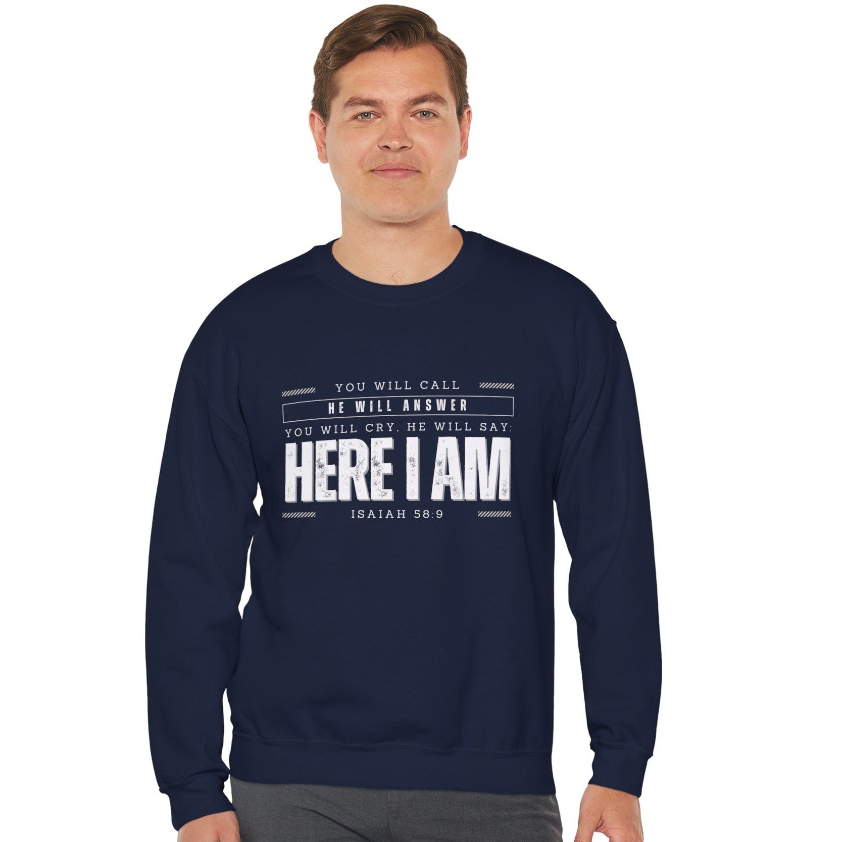 Isaiah 58:9 unisex heavy blend crewneck sweatshirt mockup navy blue