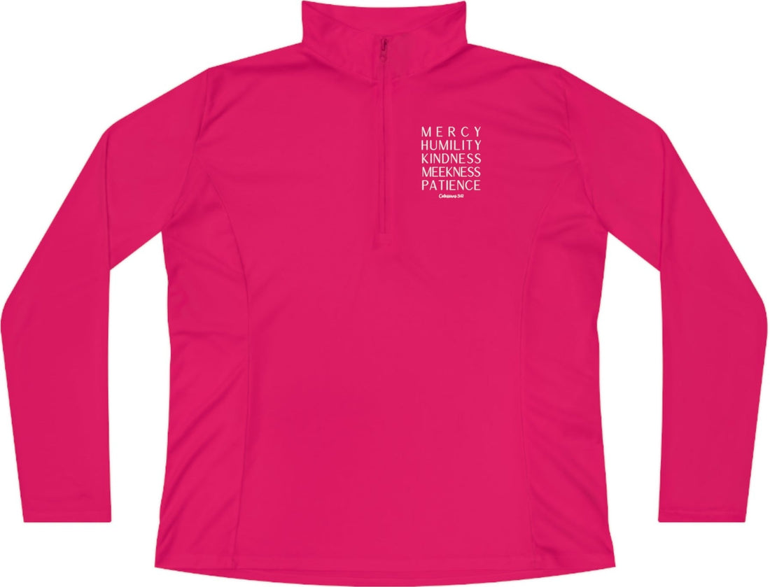 Colossians 3:12, Ladies Quarter-Zip Pullover, Christian Sweatshirt for women pink rasberry