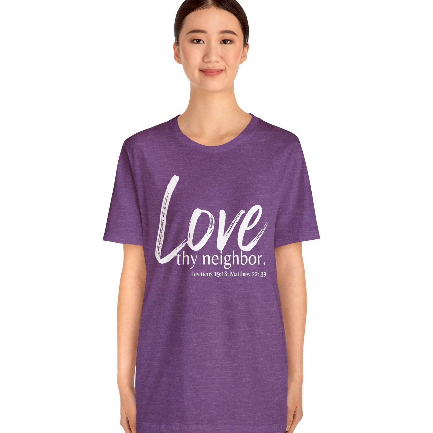 Matthew 22:39 Love thy Neighbor, Christian T-shirt for Men and Women heather purple mock