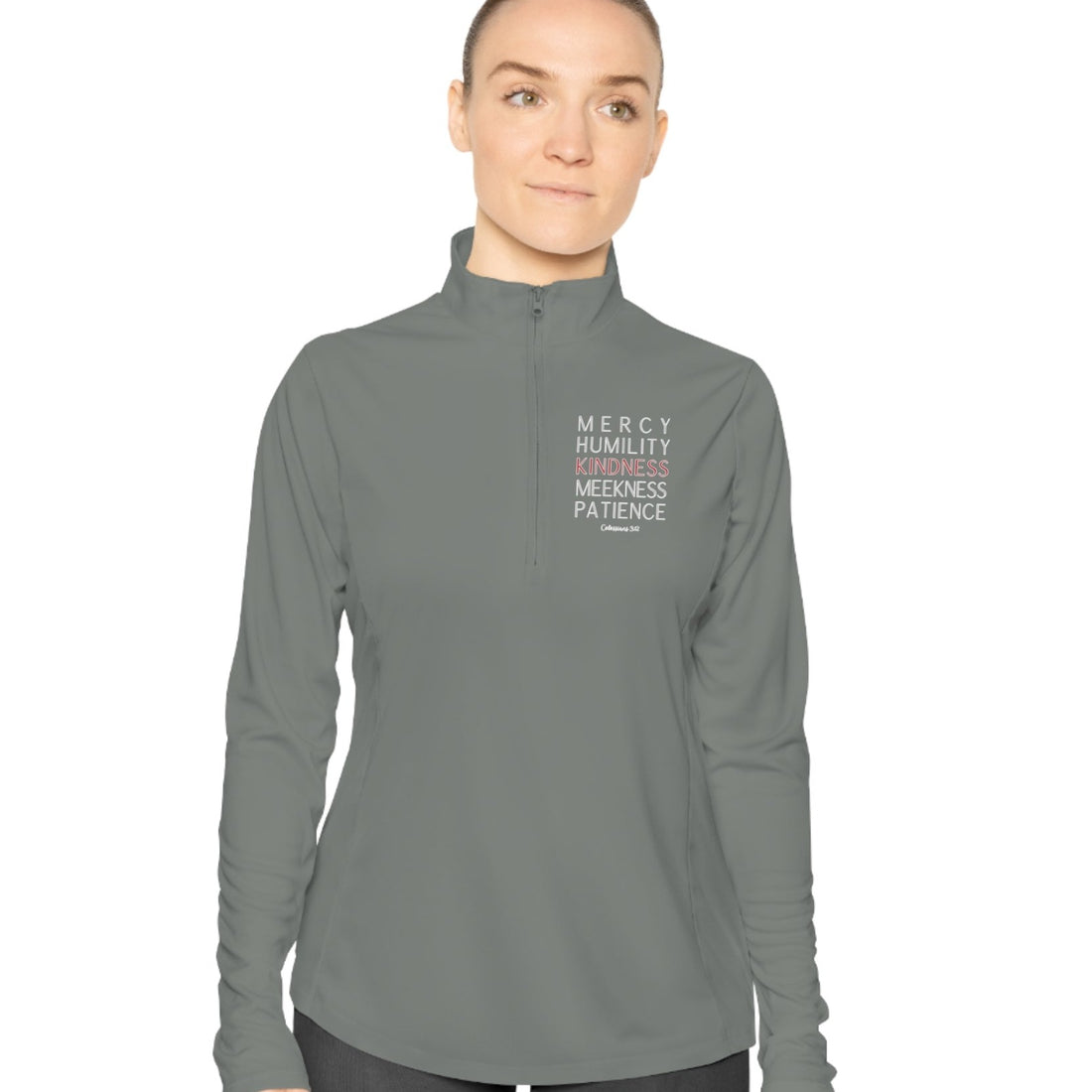 Colossians 3:12, Ladies Quarter-Zip Pullover, Christian Sweatshirt for women gray concrete