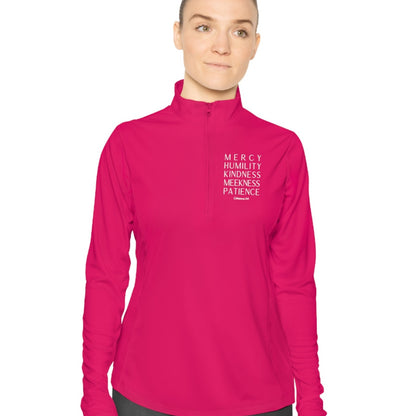 Colossians 3:12, Ladies Quarter-Zip Pullover, Christian Sweatshirt for women pink rasberry