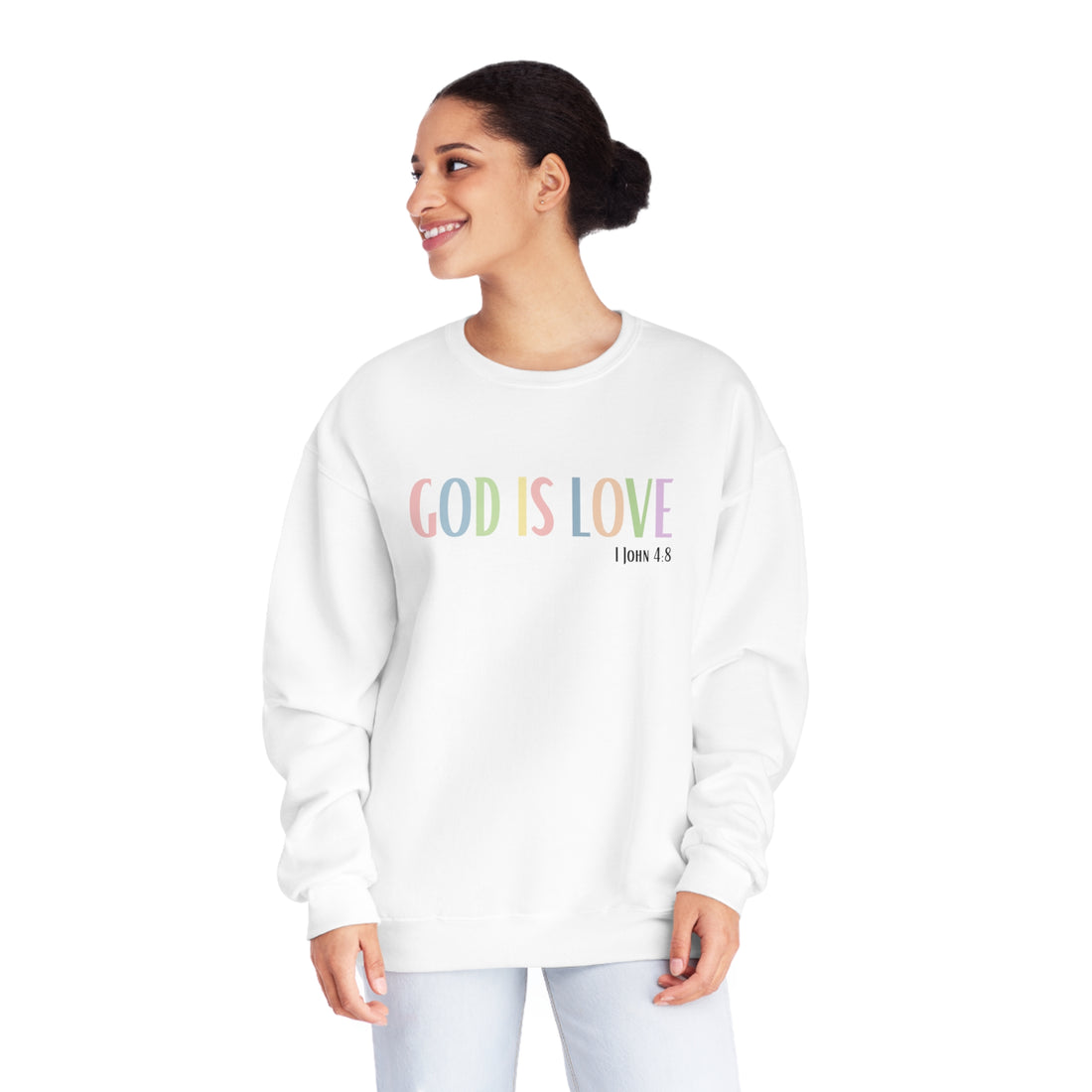 1 John 4:8, God is Love, NuBlend® Crewneck Christian Sweatshirt for men and women