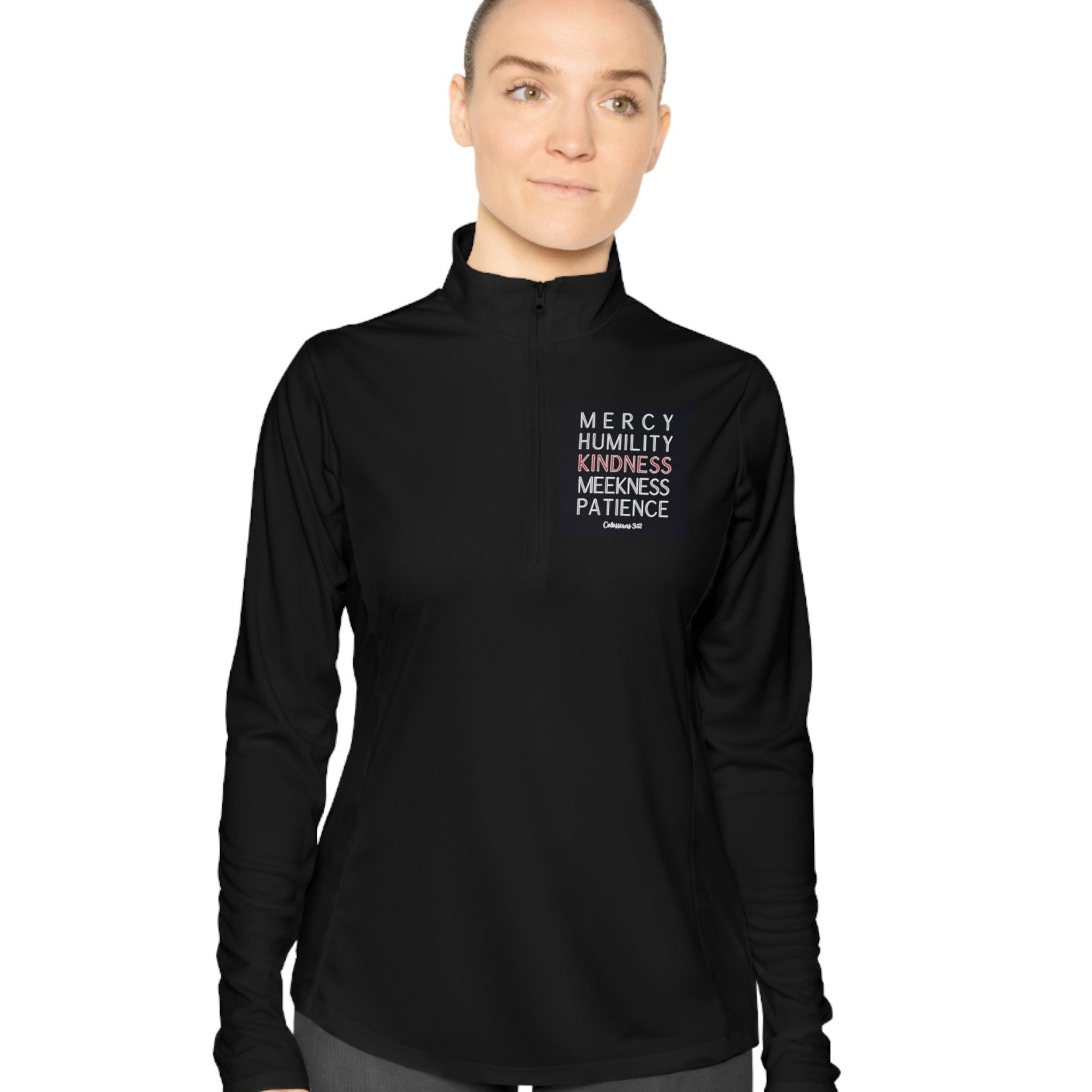 Colossians 3:12, Ladies Quarter-Zip Pullover, Christian Sweatshirt for women black