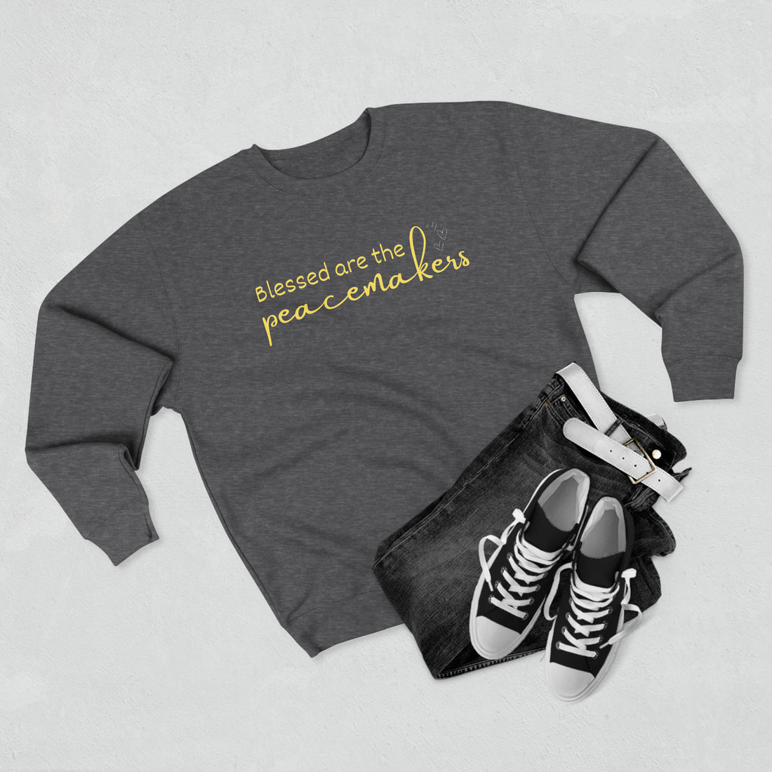 Blessed are the Peacemakers, Unisex Crewneck Christian Sweatshirt Charcoal Heather laying flat