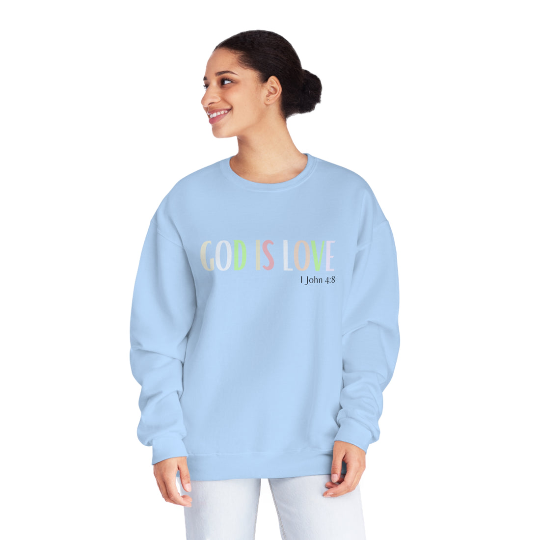 1 John 4:8, God is Love, NuBlend® Crewneck Christian Sweatshirt for men and women