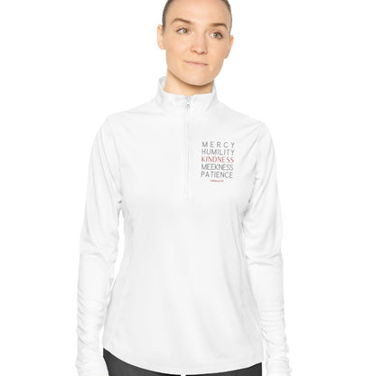 Colossians 3:12, Ladies Quarter-Zip Pullover, Christian Sweatshirt for women white