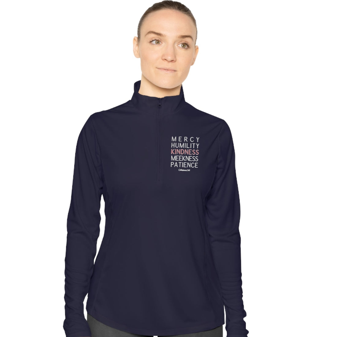 Colossians 3:12, Ladies Quarter-Zip Pullover, Christian Sweatshirt for women navy blue