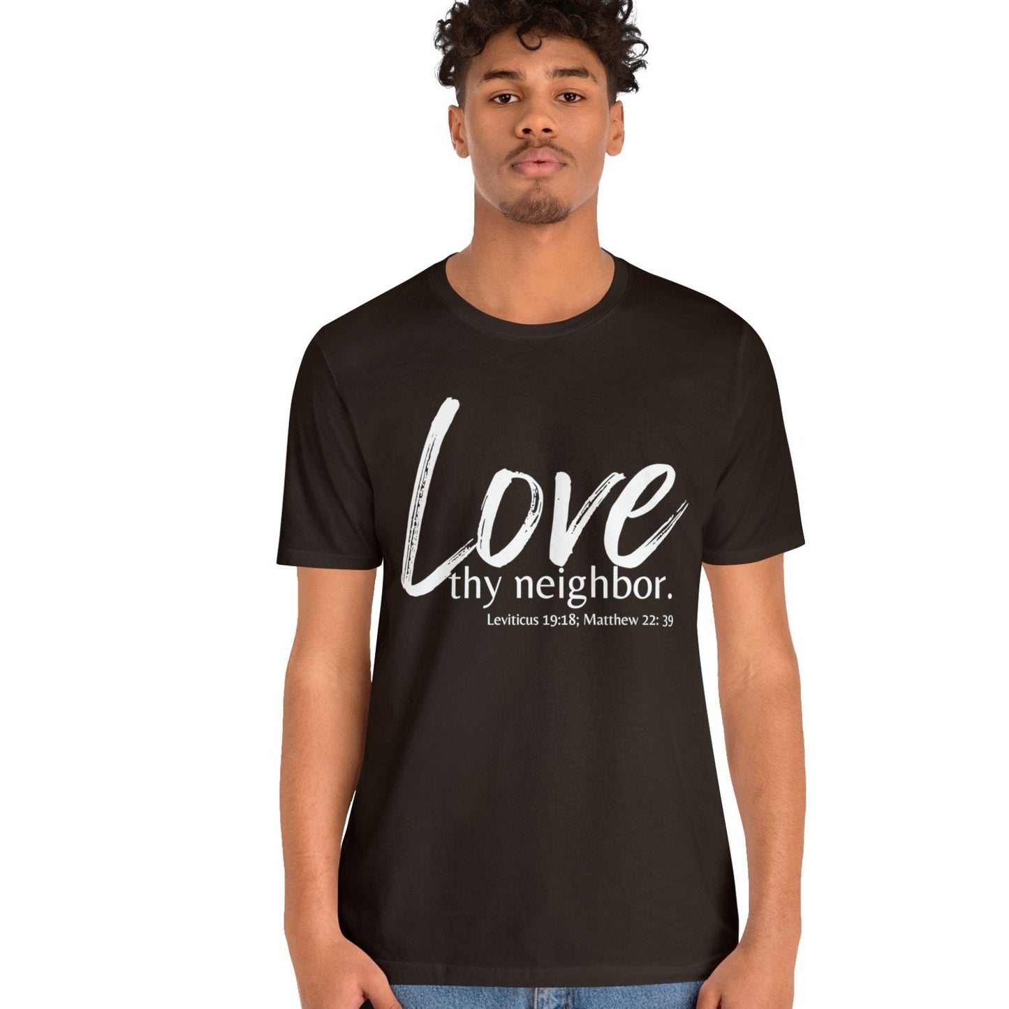 Matthew 22:39 Love thy Neighbor, Christian T-shirt for Men and Women brown mock