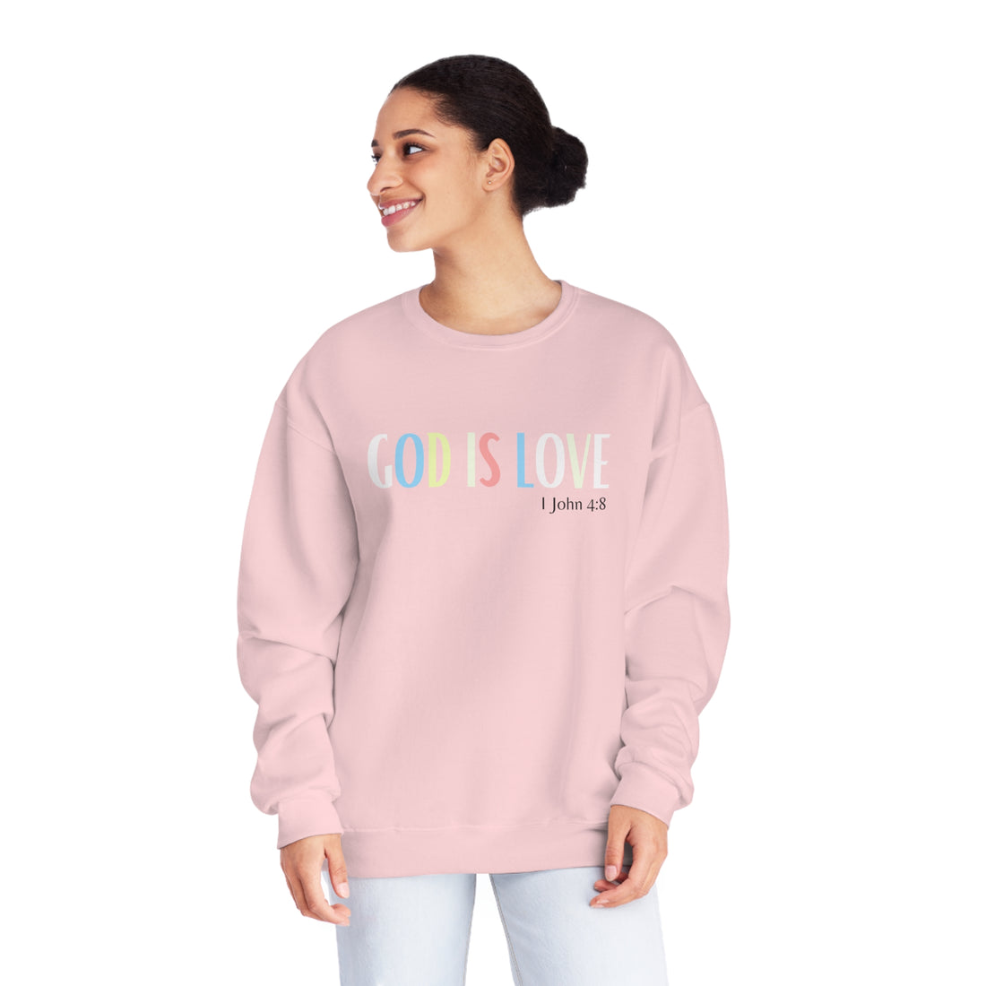 1 John 4:8, God is Love, NuBlend® Crewneck Christian Sweatshirt for men and women