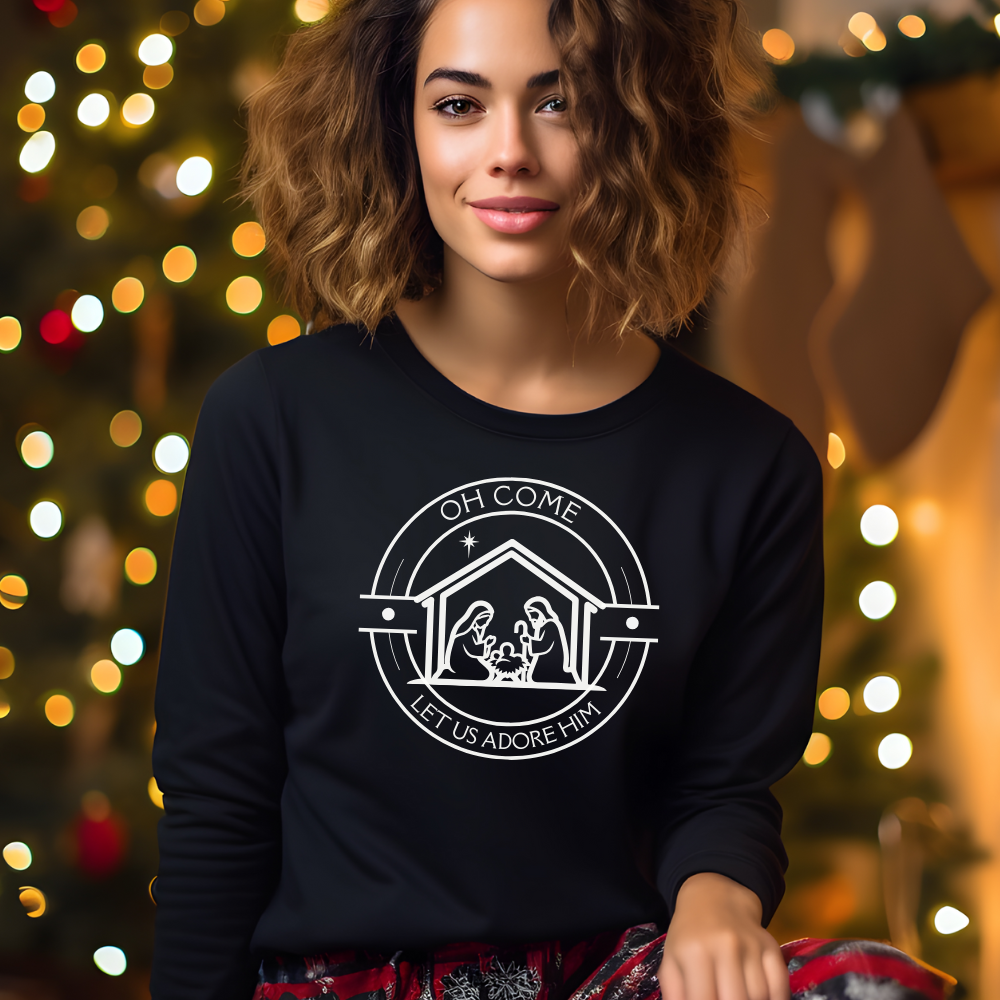 Nativity "Oh Come Let Us Adore Him" Sweatshirt, gift for Christian friends & family