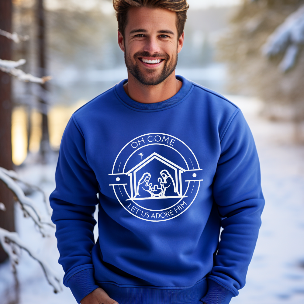 Nativity "Oh Come Let Us Adore Him" Sweatshirt, gift for Christian friends & family