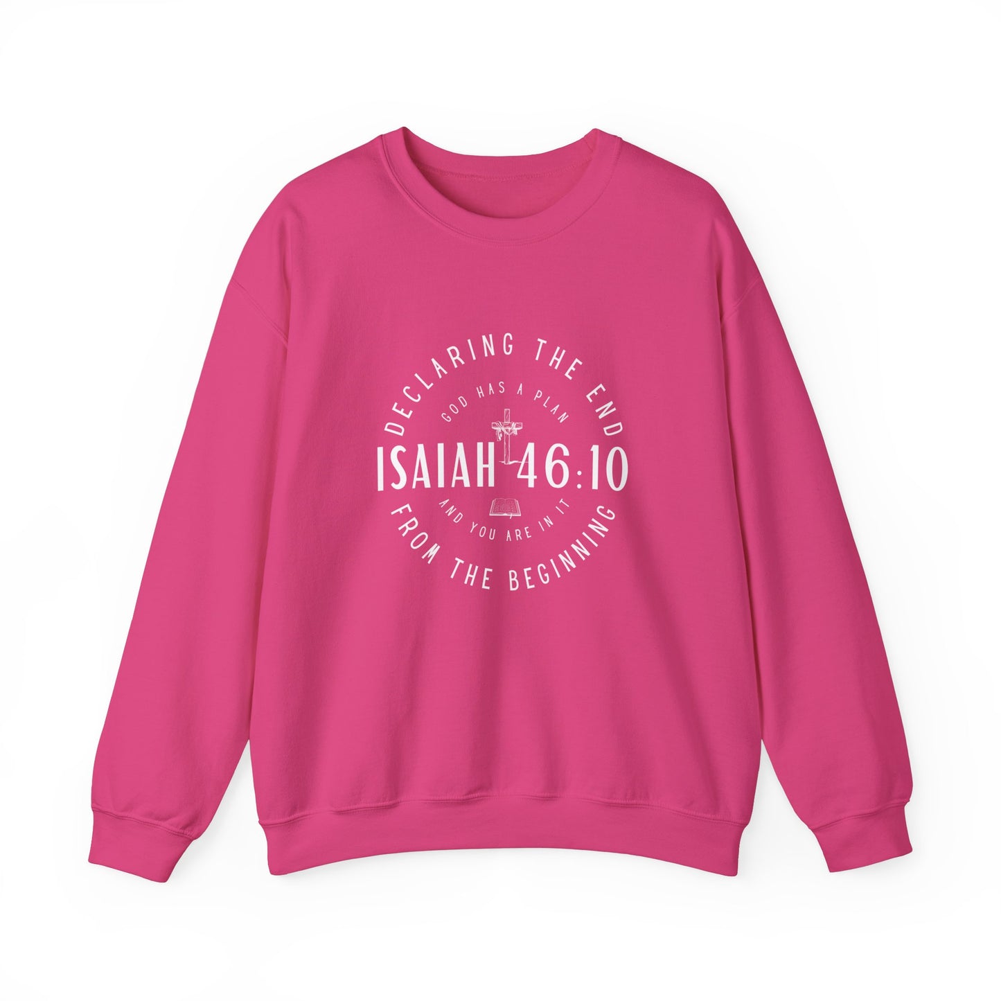 Sweatshirt, Isaiah 46.10, Gildan 18000, men and women, heliconia pink