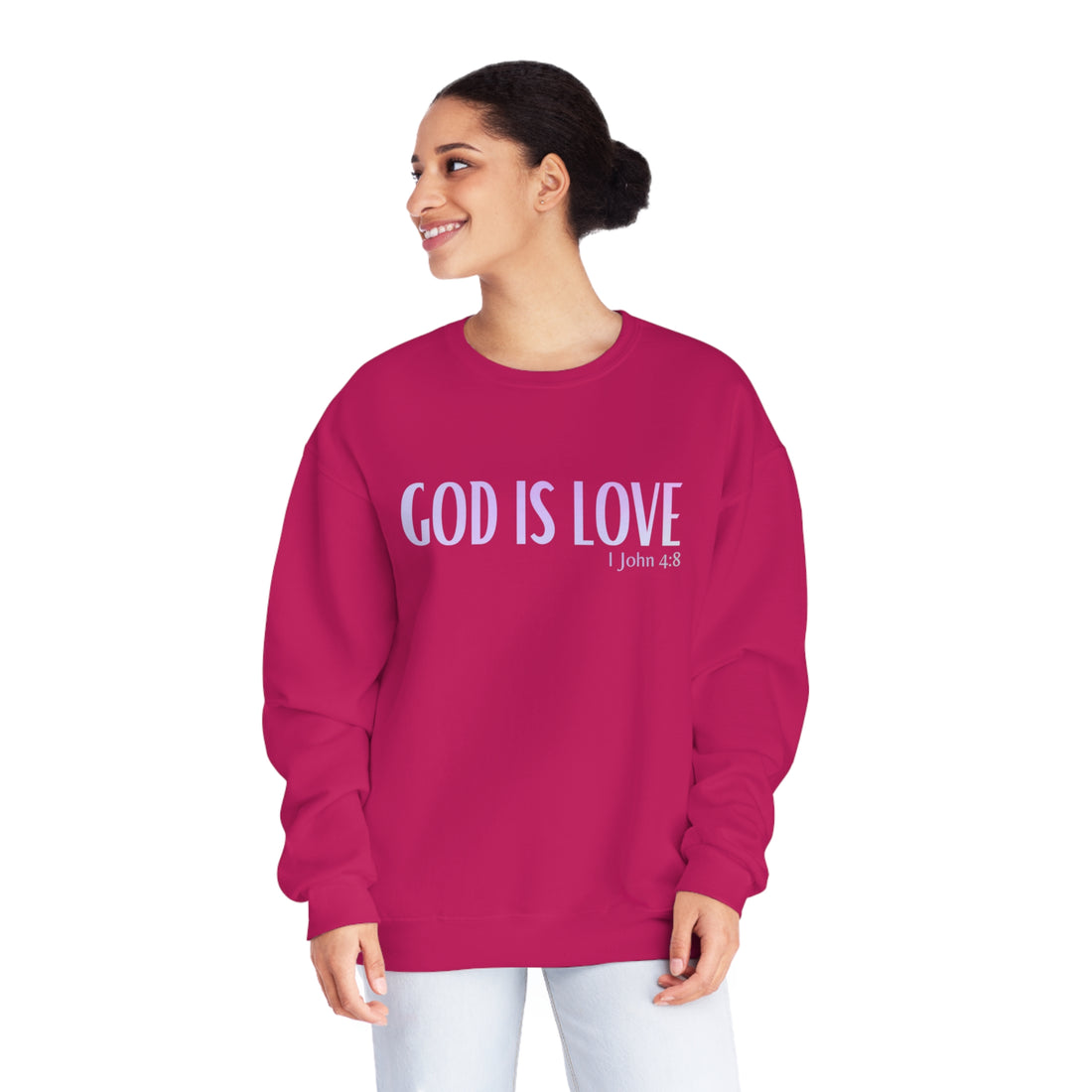 1 John 4:8, God is Love, NuBlend® Crewneck Christian Sweatshirt for men and women