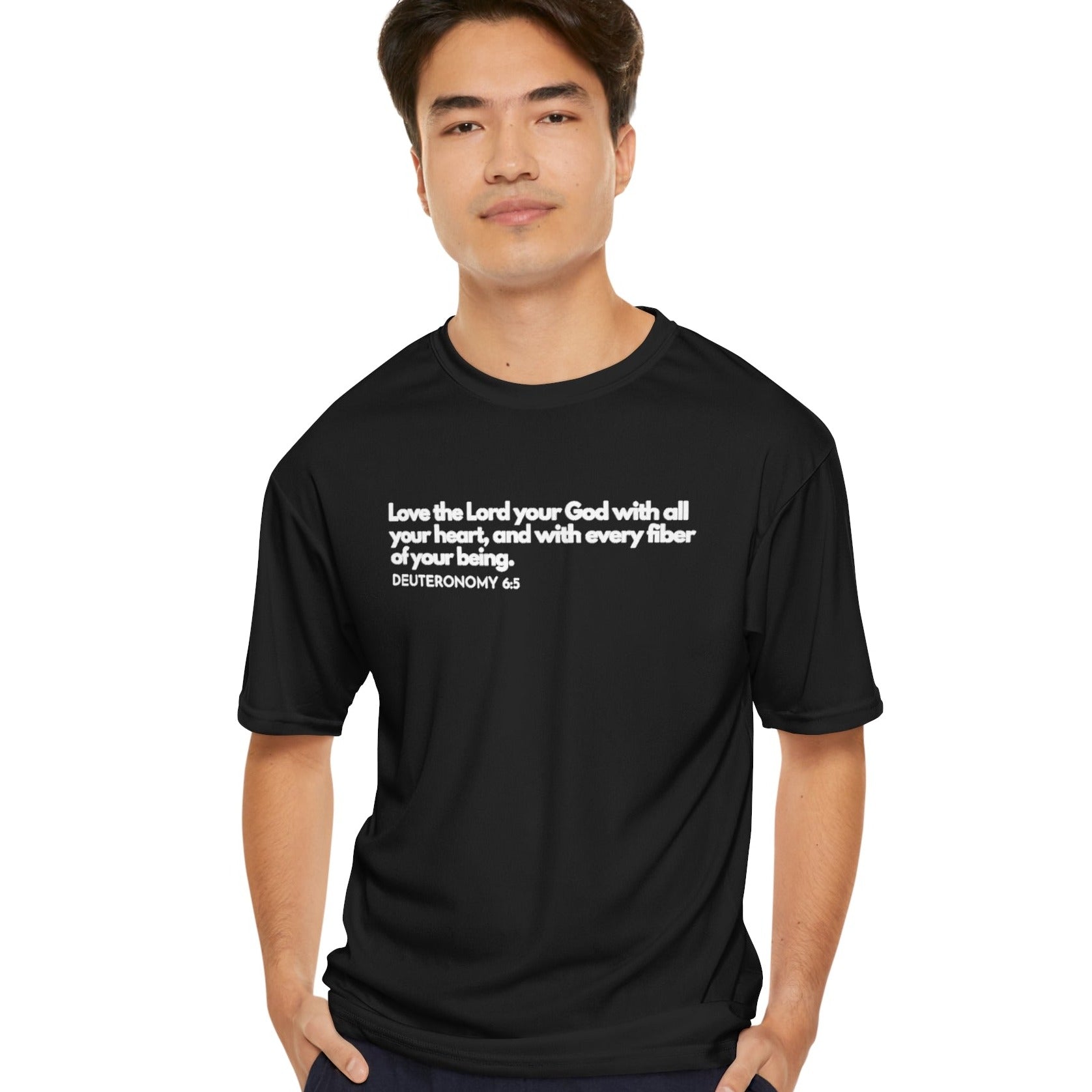 Deuteronomy 6:5, Men's Performance T-Shirt black mock front