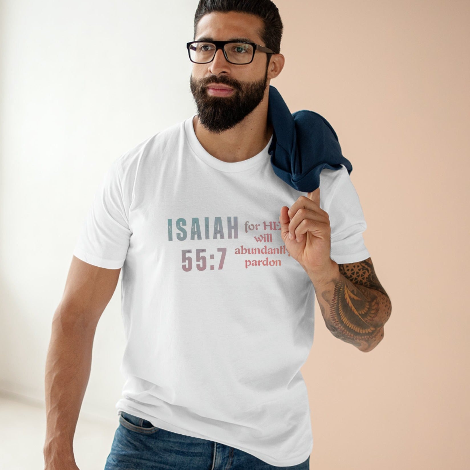 Christian T-shirt for Men, Isaiah 55:7 white