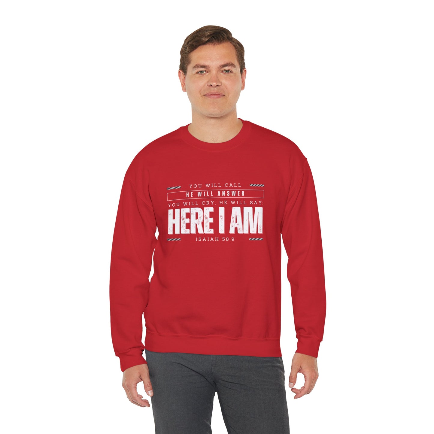 Isaiah 58:9 unisex heavy blend crewneck sweatshirt mockup red