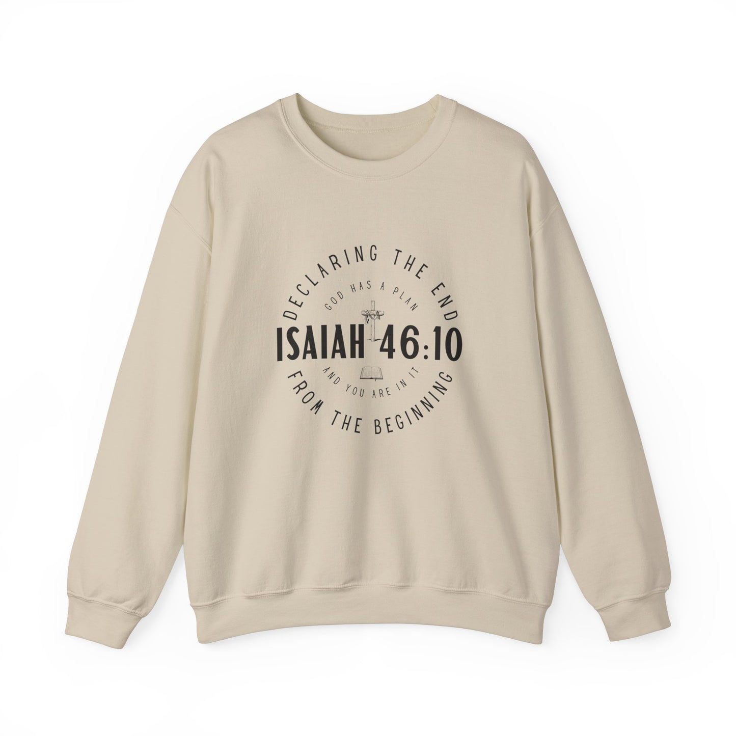 Sweatshirt, Isaiah 46.10, Gildan 18000, men and women, sand