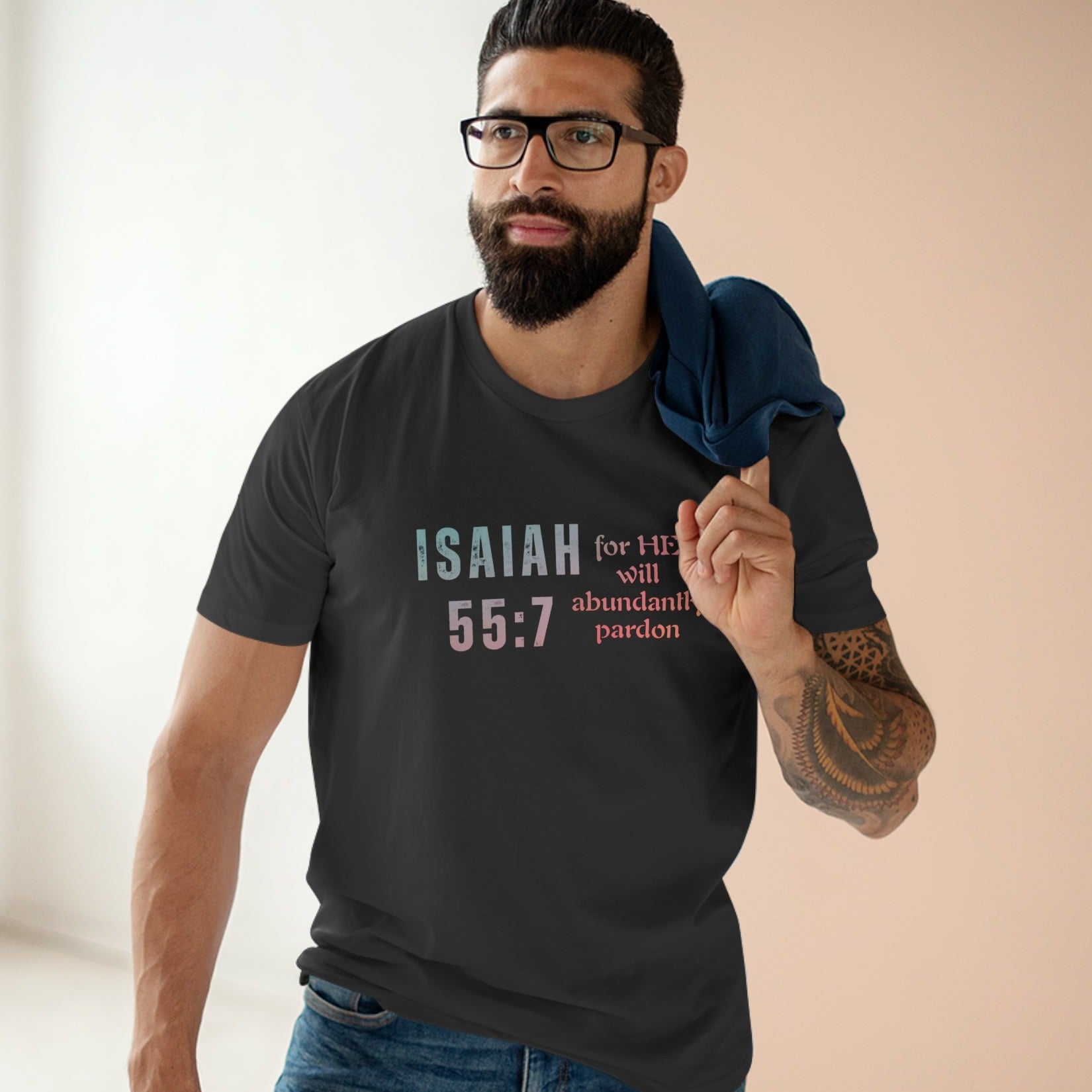 Christian T-shirt for Men, Isaiah 55:7 black