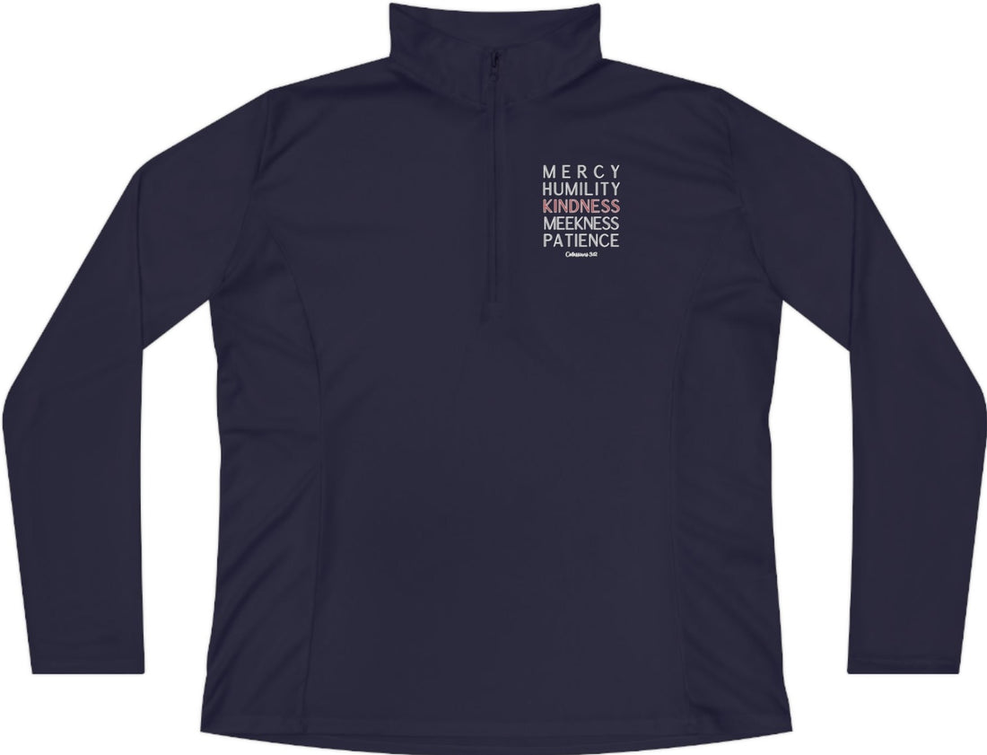 Colossians 3:12, Ladies Quarter-Zip Pullover, Christian Sweatshirt for women navy blue flat