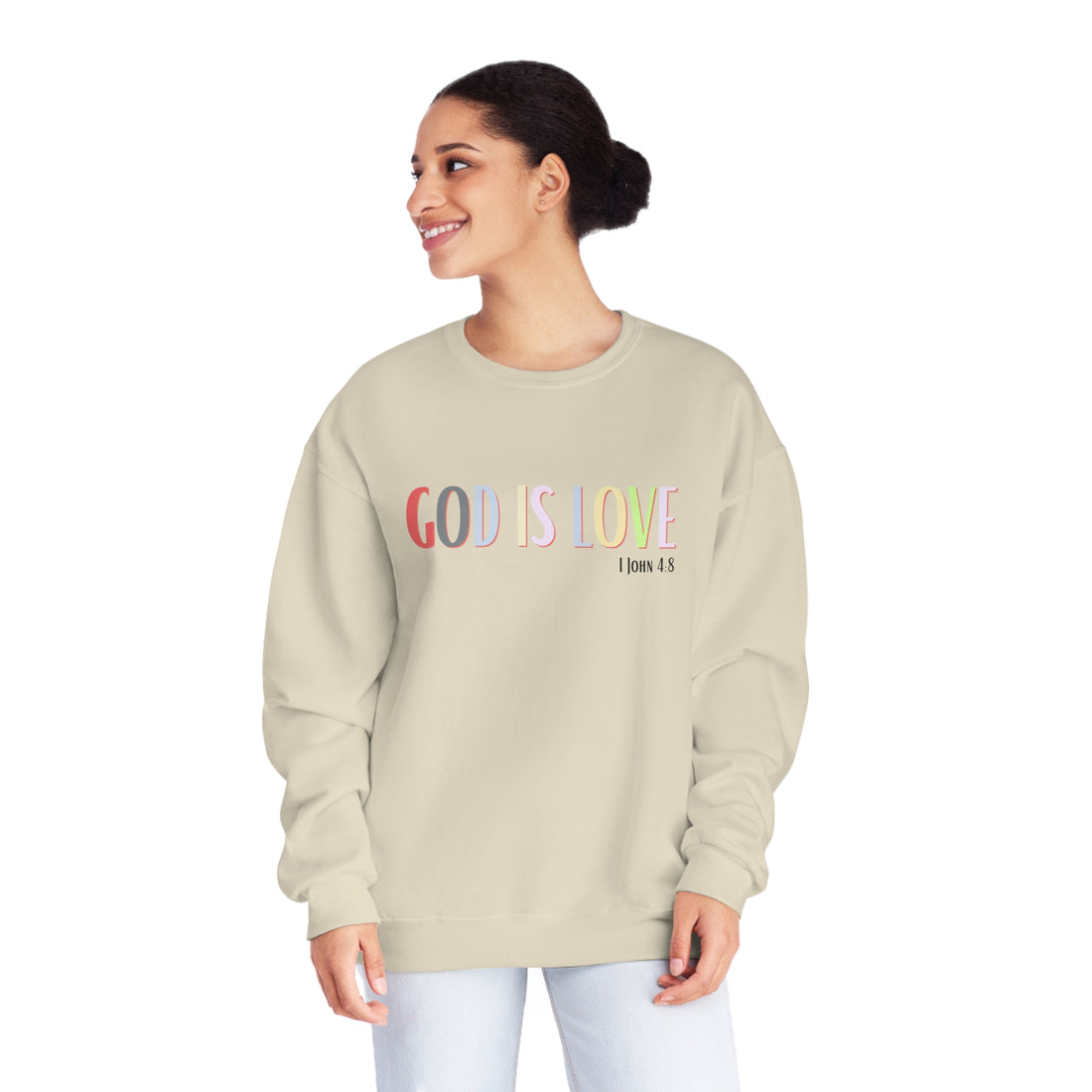 1 John 4:8, God is Love, NuBlend® Crewneck Christian Sweatshirt for men and women