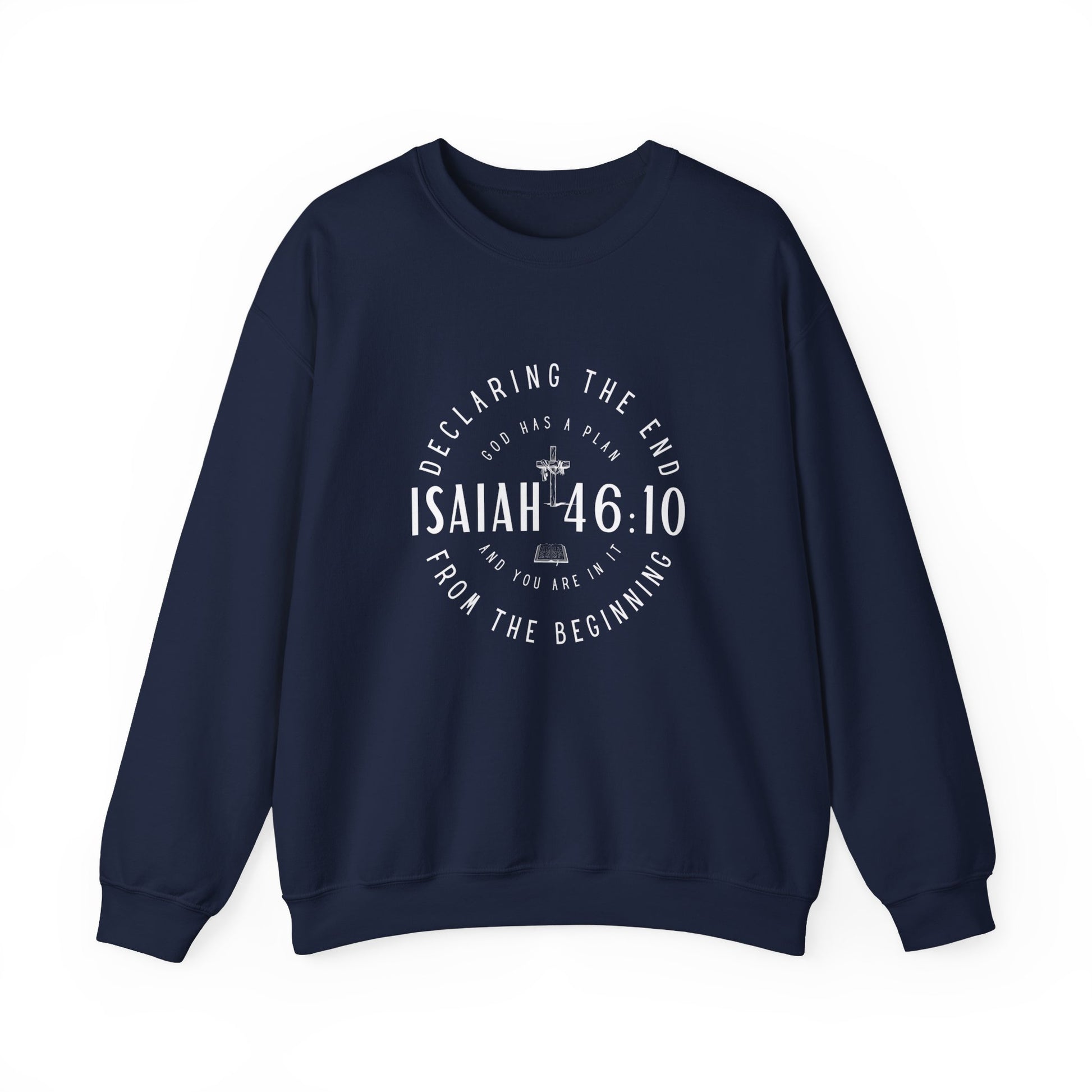 Sweatshirt, Isaiah 46.10, Gildan 18000, men and women, navy