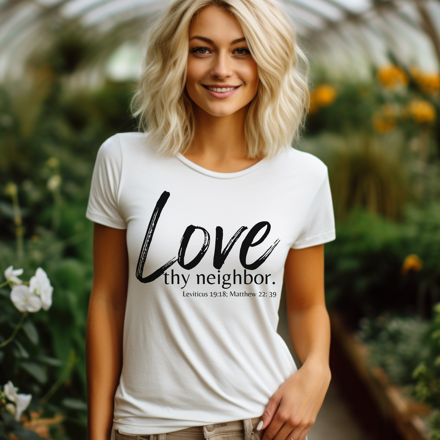 Matthew 22:39 Love thy Neighbor, Christian T-shirt for Men and Women white