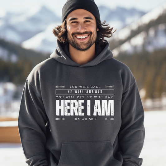 Isaiah 58.9 Here I am, Heavy Blend™ Christian Hoodie for Men and Women