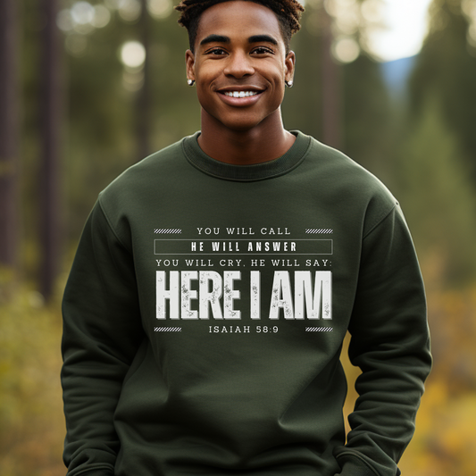 Isaiah 58:9 unisex heavy blend crewneck sweatshirt mockup forest green