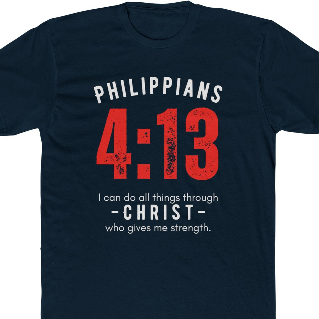 Navy blue t-shirt with red and white text on a white background